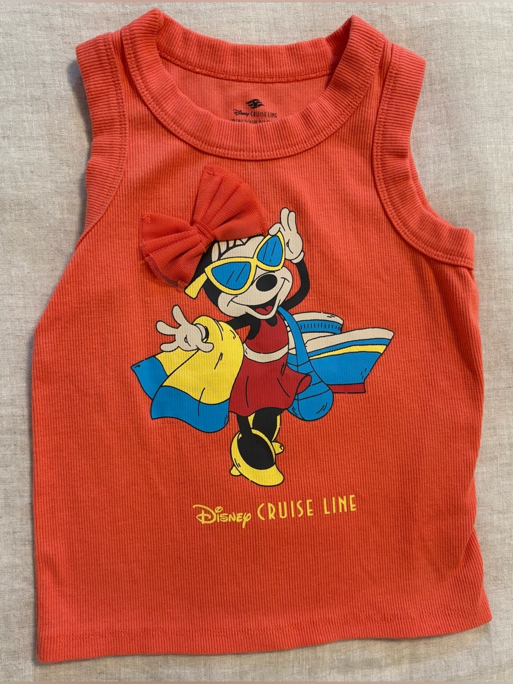 Disney Cruise Line Minnie Mouse Coral Ribbed Tank Top 3D Bow Girls 5/6
